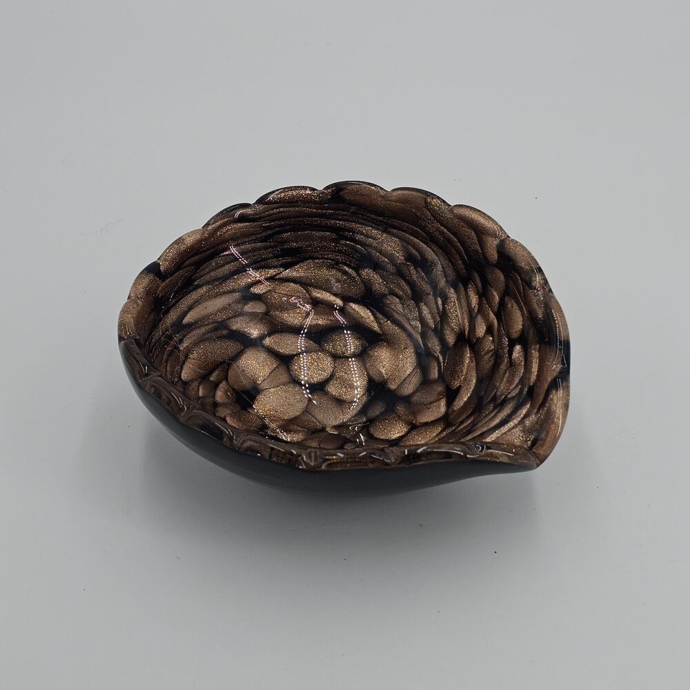 Vintage Murano Italy Brown Black Gold Fleck Art Glass Bowl W/Label